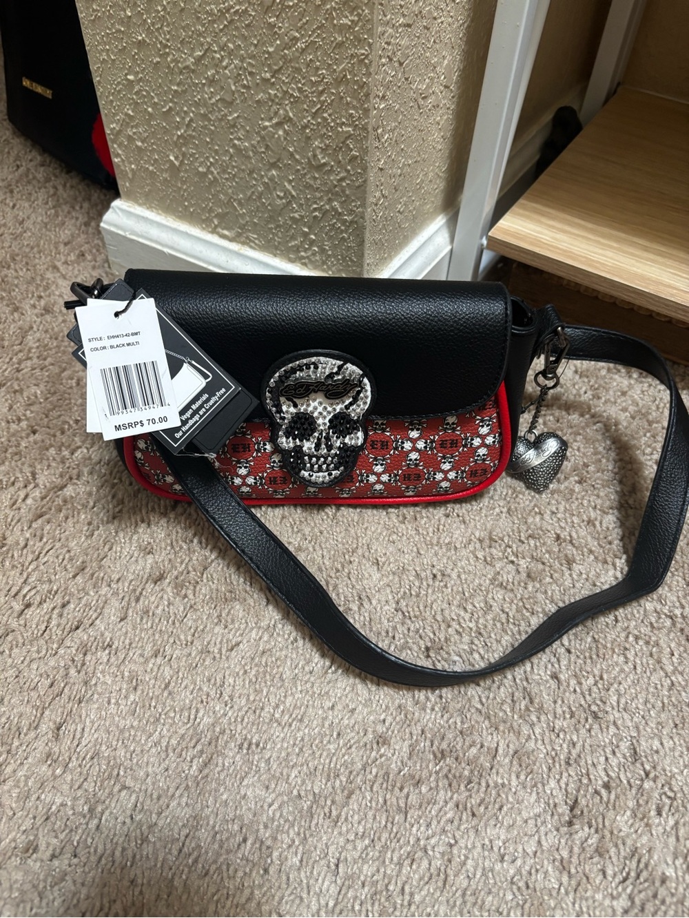 Studded Skull Accent Black & Red Shoulder Bag Ed hardy